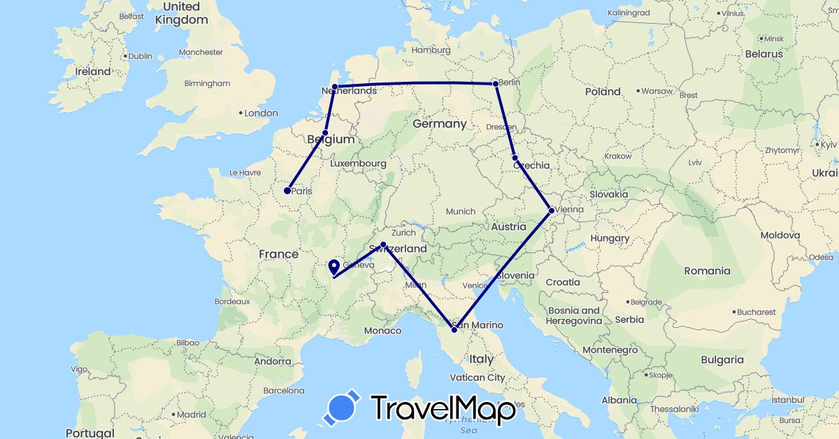 TravelMap itinerary: driving in Austria, Belgium, Switzerland, Czech Republic, Germany, France, Italy, Netherlands (Europe)